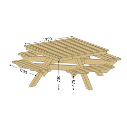 Table pique-nique carrée en bois premium - Longueur 2,16 m